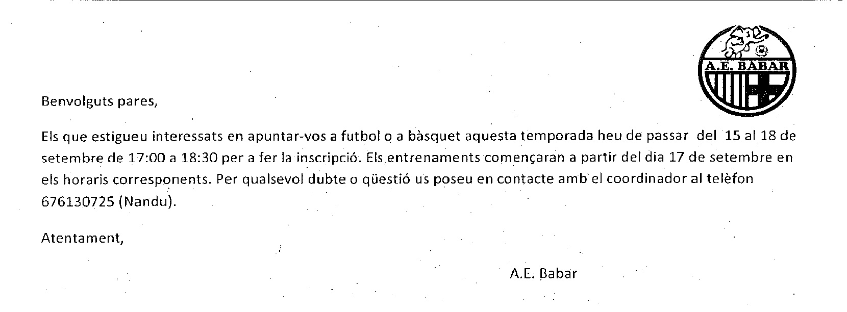 ACTIVITATS EN HORARI NO LECTIU (A.E. BABAR)