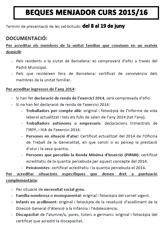 BEQUES MENJADOR CURS 2015/16
